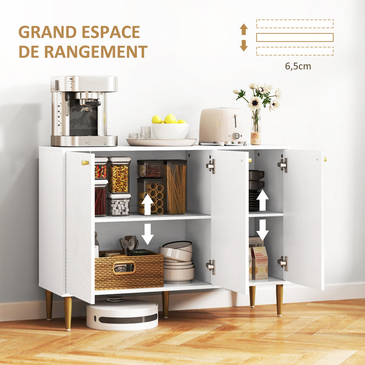 SIDEBOARD DE-11126 3 Türen mit verstellbaren Böden & Goldfüßen Weiß - Weiß, Holzwerkstoff (107/77/35cm) - ComfortXL