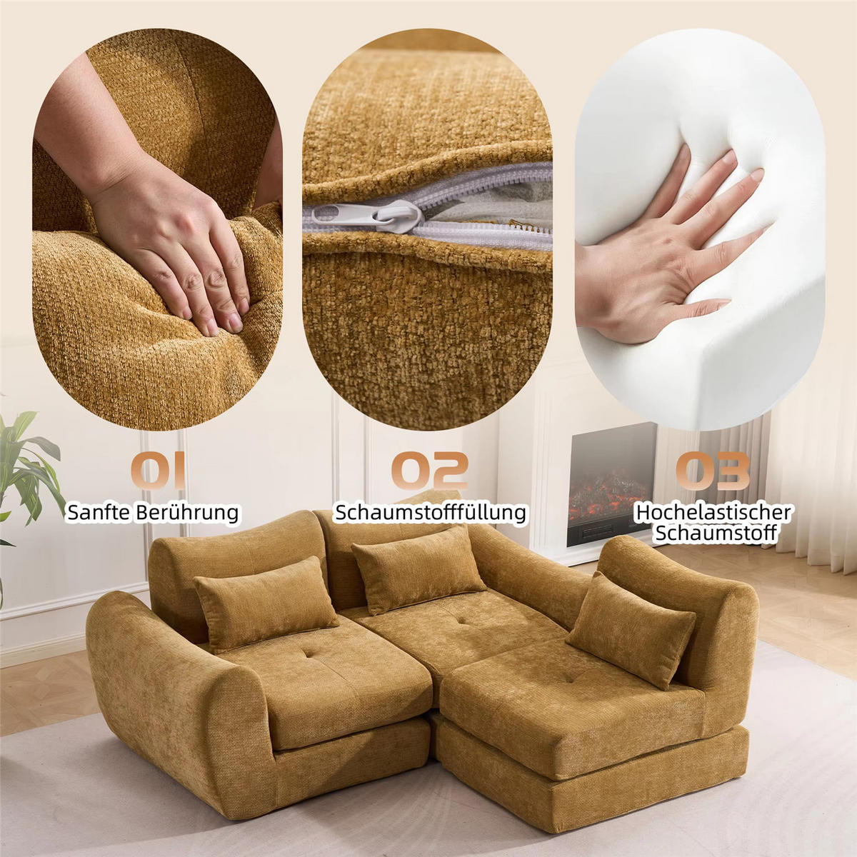 SCHLAFSOFA 3-Sitzer aus Chenille, Weiches Klappsofa ohne Montage, Gelb - Gelb, Textil (262/78/97cm) - Kaket