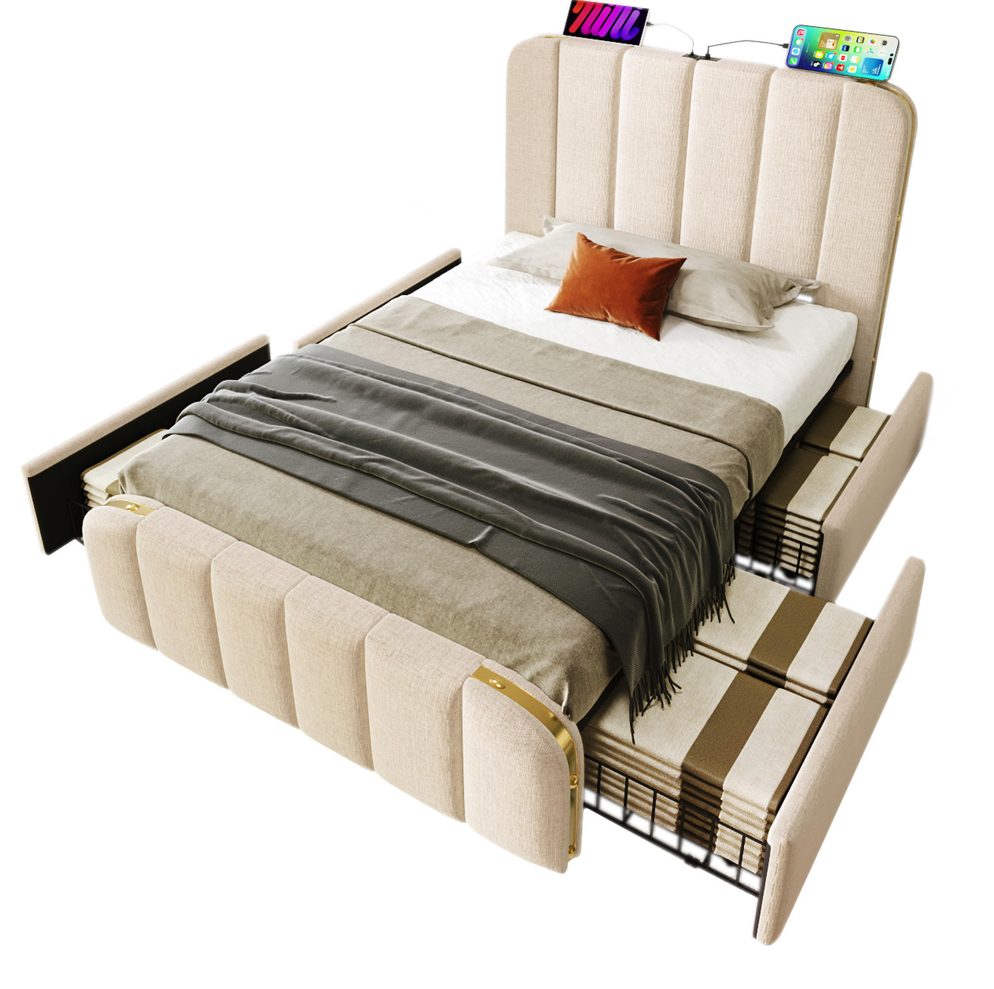POLSTERBETT 90/200 cm Beige mit 4 Schubladen und USB- und Type-C-Anschlüssen - Beige, Textil (90/200cm) - Flora Grace
