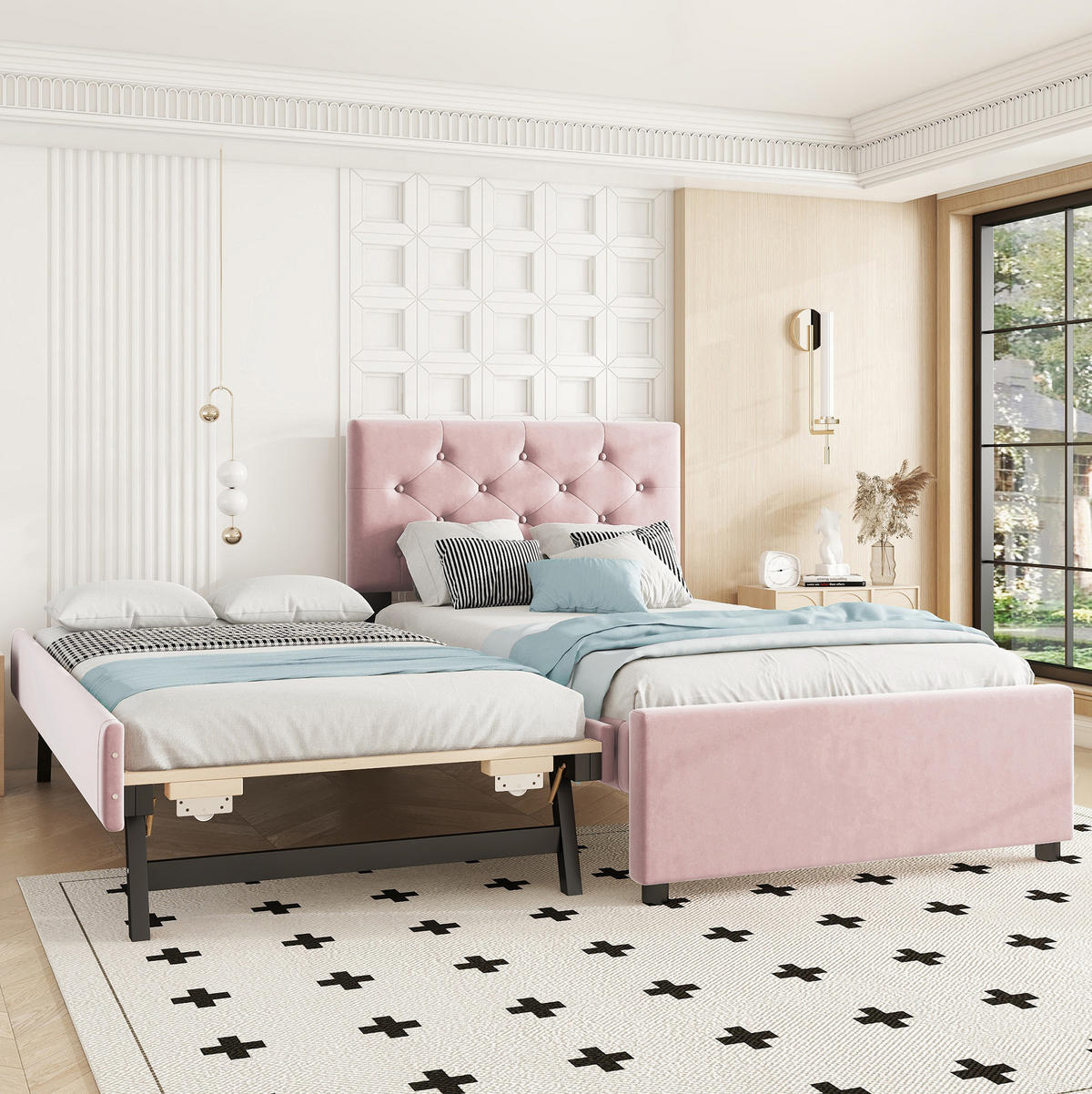 POLSTERBETT aus Samt und MDF 90x200 cm Rosa mit ausziehbarem Rollbett und Lattenrost - Rosa, Textil (90/200cm) - IVMEU