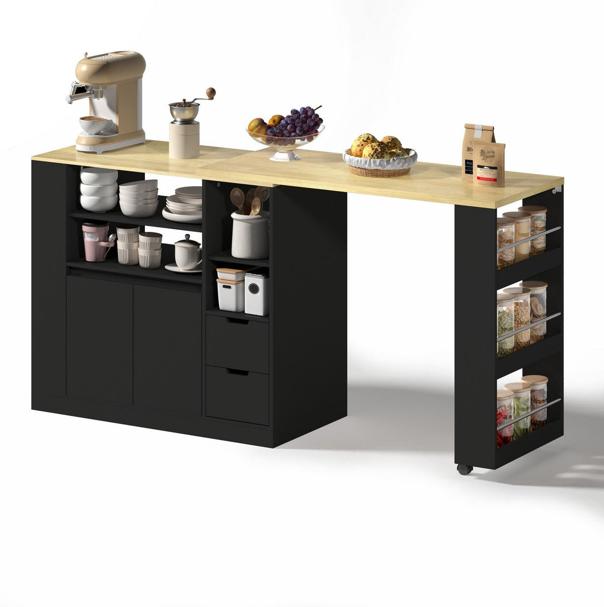 KÜCHENINSEL 115/50/92 cm mit dreh- und ausziehbarer Arbeitsplatte, MDF, viel Stauraum, Schwarz/Natur - Schwarz, Holzwerkstoff (115/92/50cm) - Redom