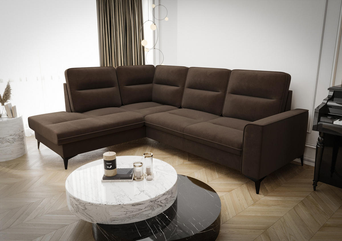 ECKSOFA KONGO RBN14, Eckcouch in L-Form mit Schlaffunktion, Farbe: Dunkelbraun, Velourstoff, Ottomane Links - Dunkelbraun, Textil (260/200cm) - O-Sofa