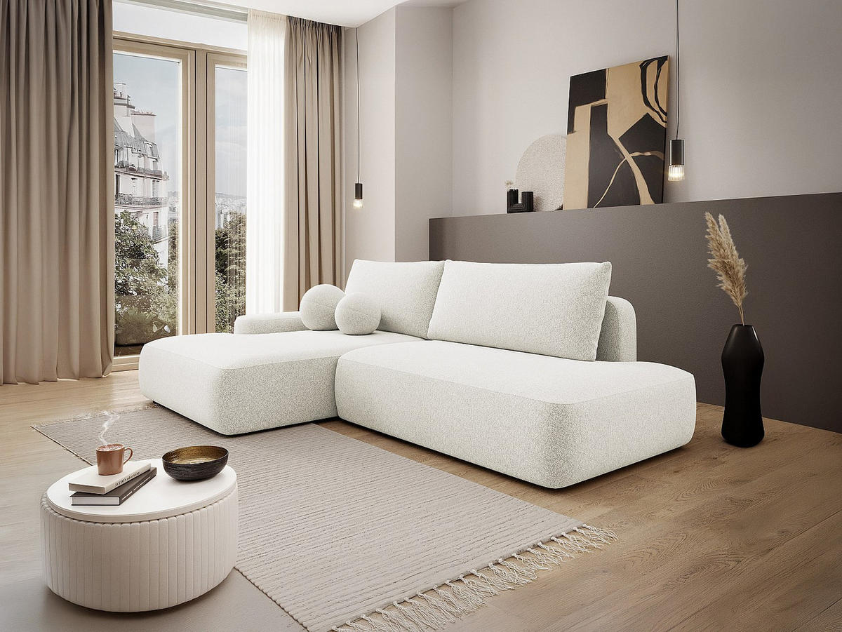 ECKSOFA mit Schlaffunktion - Ecke links - einseitige Armlehne - melierter Stoff - Beige - DAVISO - Creme, Textil (276/164cm) - Vente-Unique