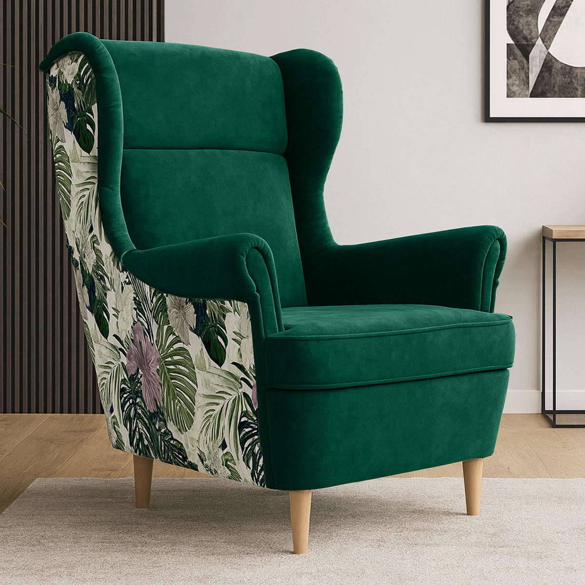 OHRENSESSEL Havana im skandinavischen Stil, Dunkelgrün - Dunkelgrün/Buchefarben, Holzwerkstoff (82/102/92cm) - Beautysofa