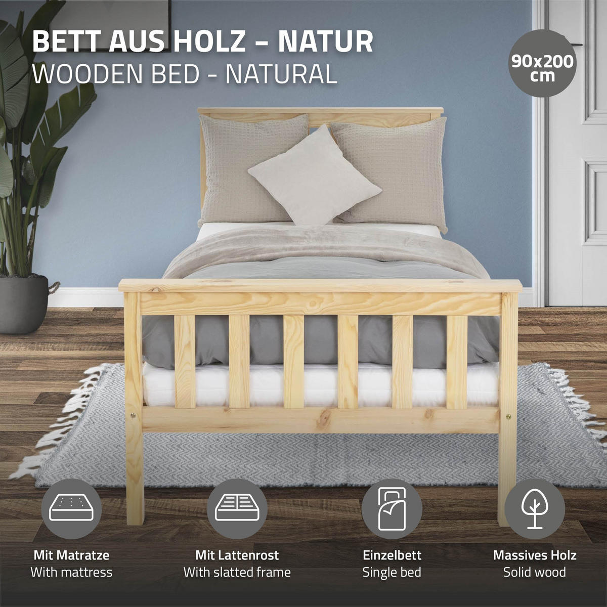 HOLZBETT 90x200 cm Natur Kiefernholz mit Lattenrost und Matratze H10cm - Naturfarben, Holz/Textil (90/200cm) - ML-DESIGN
