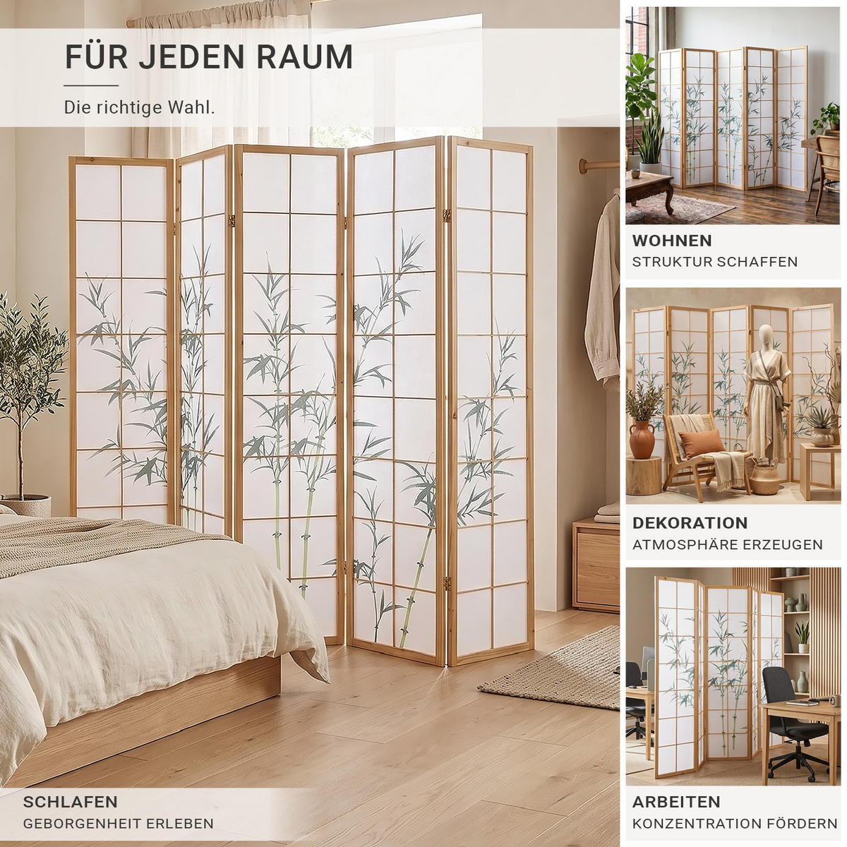 PARAVENT 5-tlg. 220/175 cm Grün Bambusmuster - Grün, Holz (220/175/2cm) - Homestyle4u