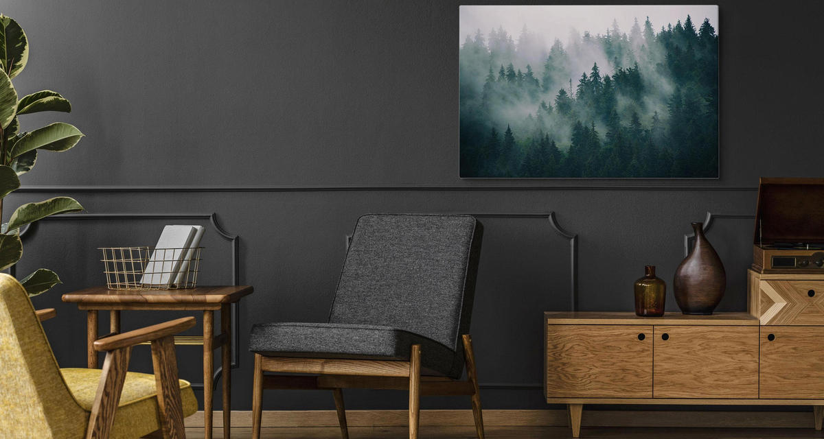 LEINWANDBILD Wald im Nebel Natur Landschaft 3D 100x70 - Schwarz/Weiß, Textil (100/70cm) - Muralo