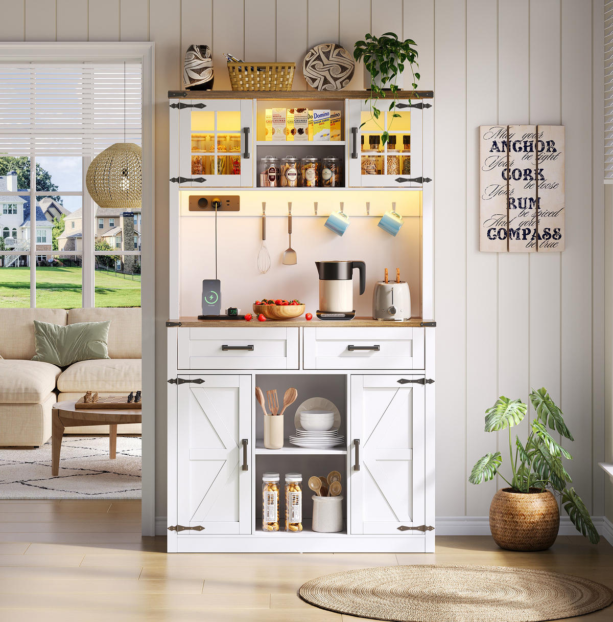 BUFFET Barschrank aus MDF mit LED-Beleuchtung, Steckdosen und verstellbaren Einlegeböden Braun/Weiß - Braun, Holzwerkstoff (100/172/40cm) - Modenvie