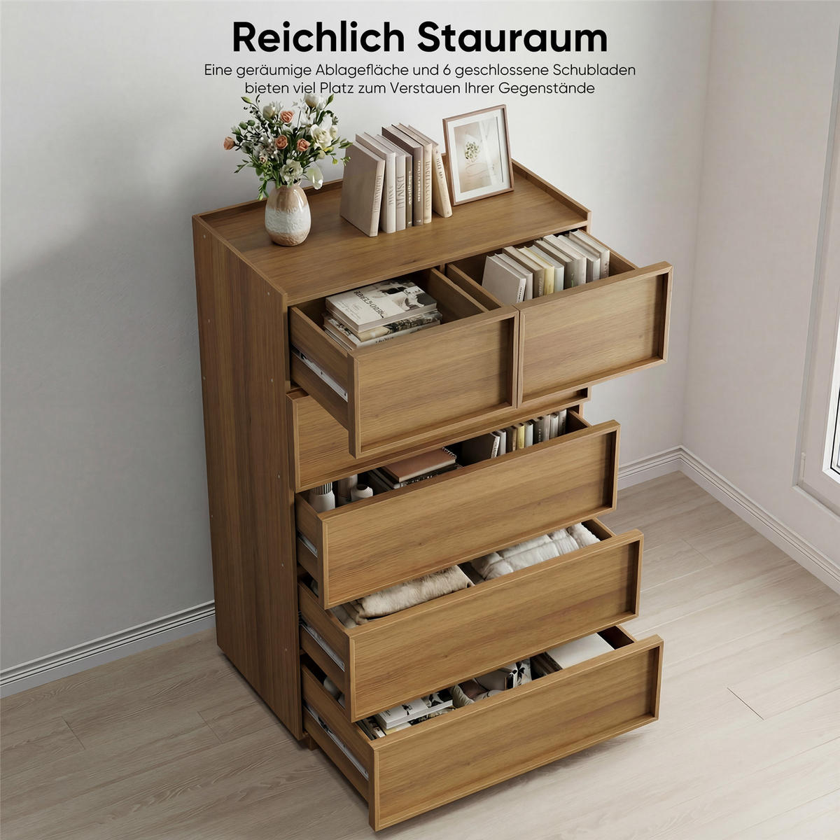 KOMMODE Eiche 80x127x48 cm Hochkommode 6 Schubladen - Hellbraun, Holz (48/127.5/80cm) - Kaket