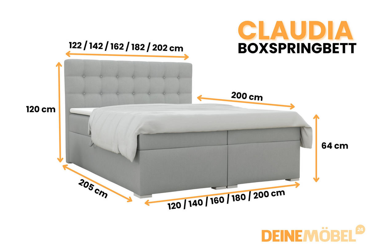 BOXBETT CLAUDIA 180/200 Velour Hellgrau mit Taschen-Federkernmatratzen 7 Zonen H4 - Hellgrau, Holzwerkstoff (180/200cm) - Deine Möbel 24
