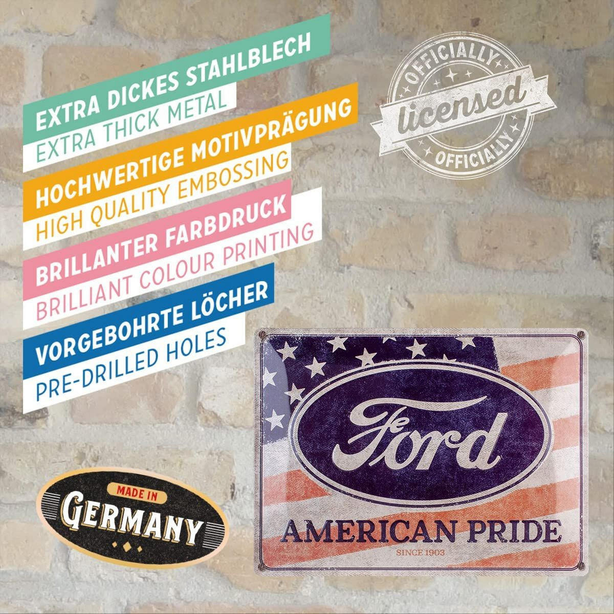 BLECHSCHILD 30/40 cm Ford American Pride US Flag - Multicolor, Metall (30/1/0.1cm) - Nostalgic-Art