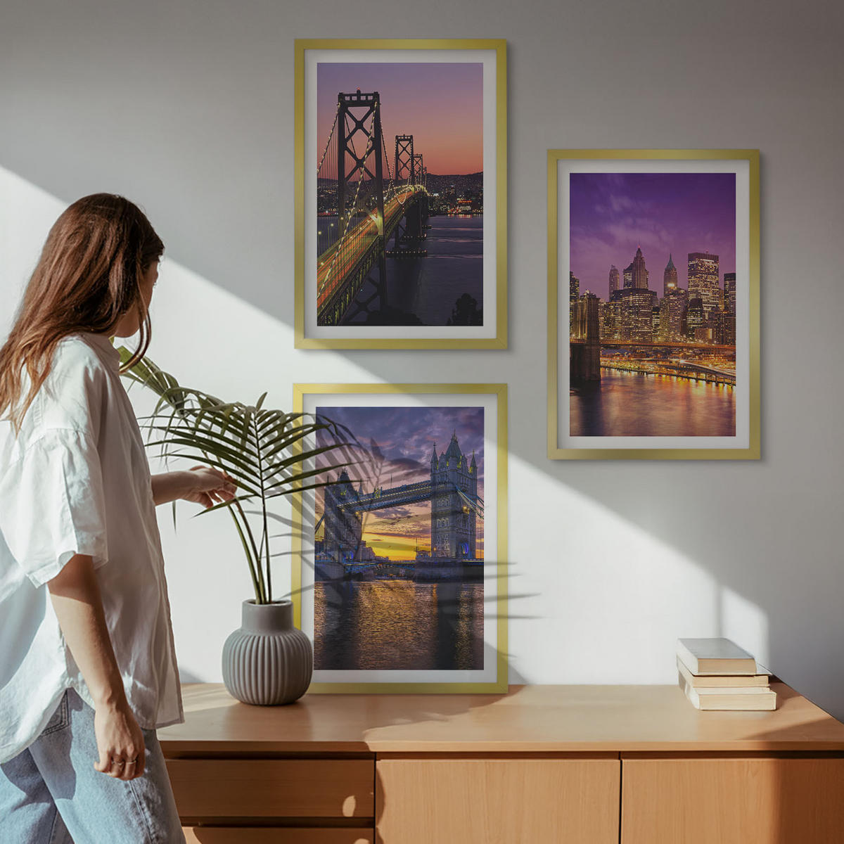 WANDBILDER 3er Set - 40x60 cm Goldrahmen - Brücken, Sonne, Stadtblick - Goldfarben, Kunststoff (40/60cm) - ArtPrintCave