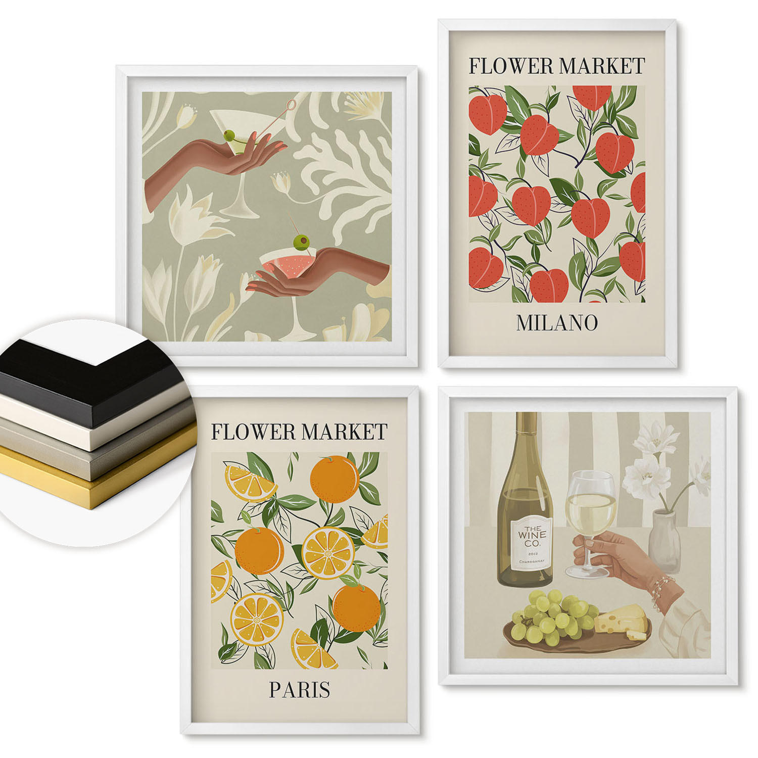 WANDBILDER 4er-Set - 50x50 cm & 40x60 cm Weißer Rahmen - Blumenwein Mailand Paris - Weiß, Kunststoff (50/50cm) - ArtPrintCave