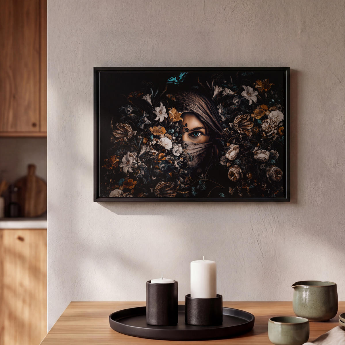 LEINWAND Bilder mit Rahmen - Frau - Luxus - Blumen - Schmetterling - Porträt - 30x20 - Schwarz, Textil (30/20cm) - MuchoWow