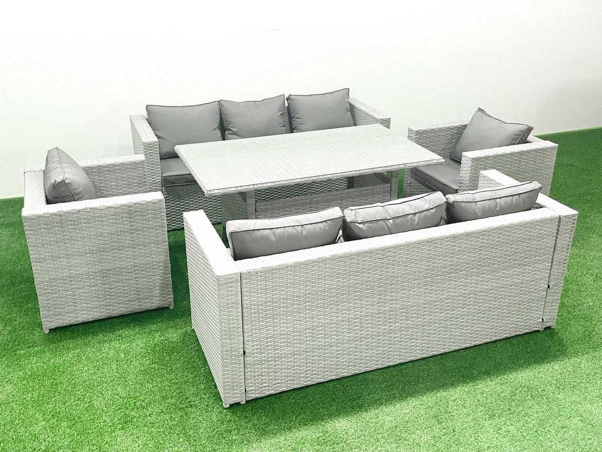 GARTENMÖBEL SET mit 3-Sitzer-Sofa und 2 Stühle, Esstisch Polyrattan Hellgrau 8-Sitzer - Hellgrau/Grau, Glas/Kunststoff - Fimous