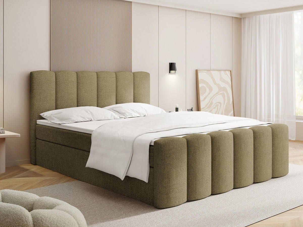 BOXBETT Serenity mit Bettkasten, Hell-Olivgrün Chenille 160x200 cm – inkl. H4 Taschenfederkern Matratze & Foam Topper - Schwarz/Olivgrün, Holz/Holzwerkstoff (160/200cm) - WFL GROUP