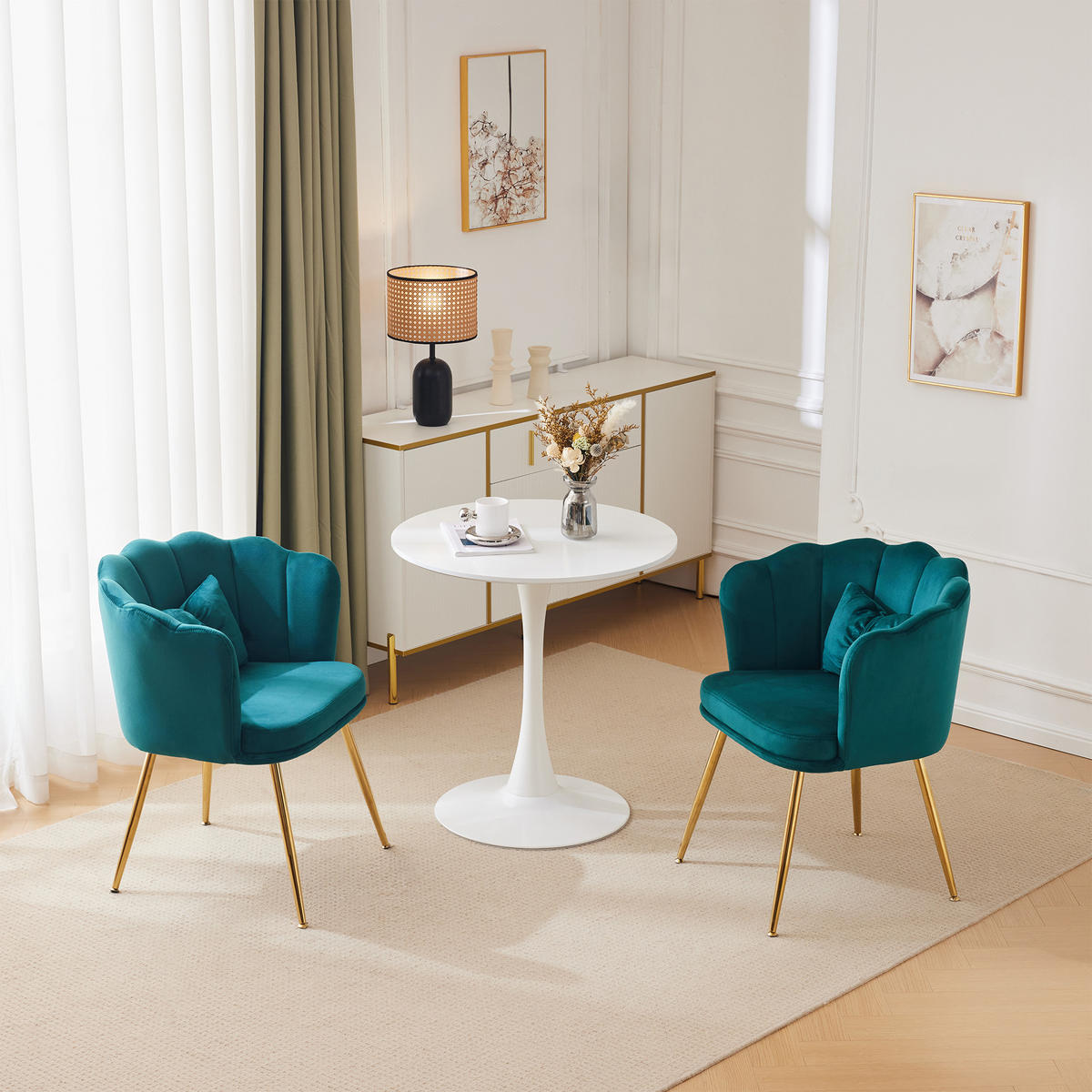 STUHL SET 2-TEILIG Samt Polster Blütenblatt-Rücken Goldfüße & Kissen Grün - Grün, Holz (62/43/54cm) - FLIEKS