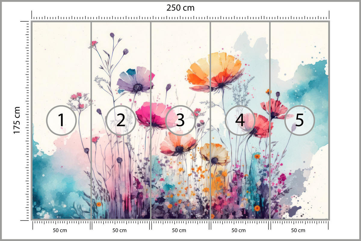 FOTOTAPETE für Schlafzimmer Abstrakte Bunte Wiesenblumen Aquarell 250x175 - Türkis/Rot, Papier (250/175cm) - Muralo