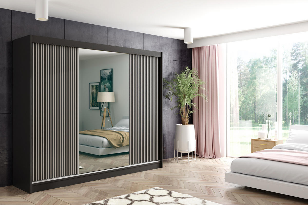 KLEIDERSCHRANK VILAN mit Spiegel - 250 cm - Schwarz - Schwarz, Holzwerkstoff (250/215/61cm) - ALTDECOR