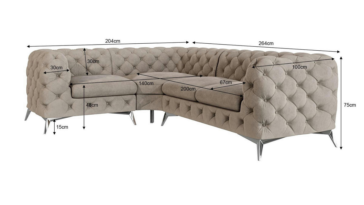 ECKSOFA Chesterfield Laura Dunkle Creme Samt, Ottomane Links - Silberfarben/Creme, Holz/Textil (264/204cm) - S-Style Möbel