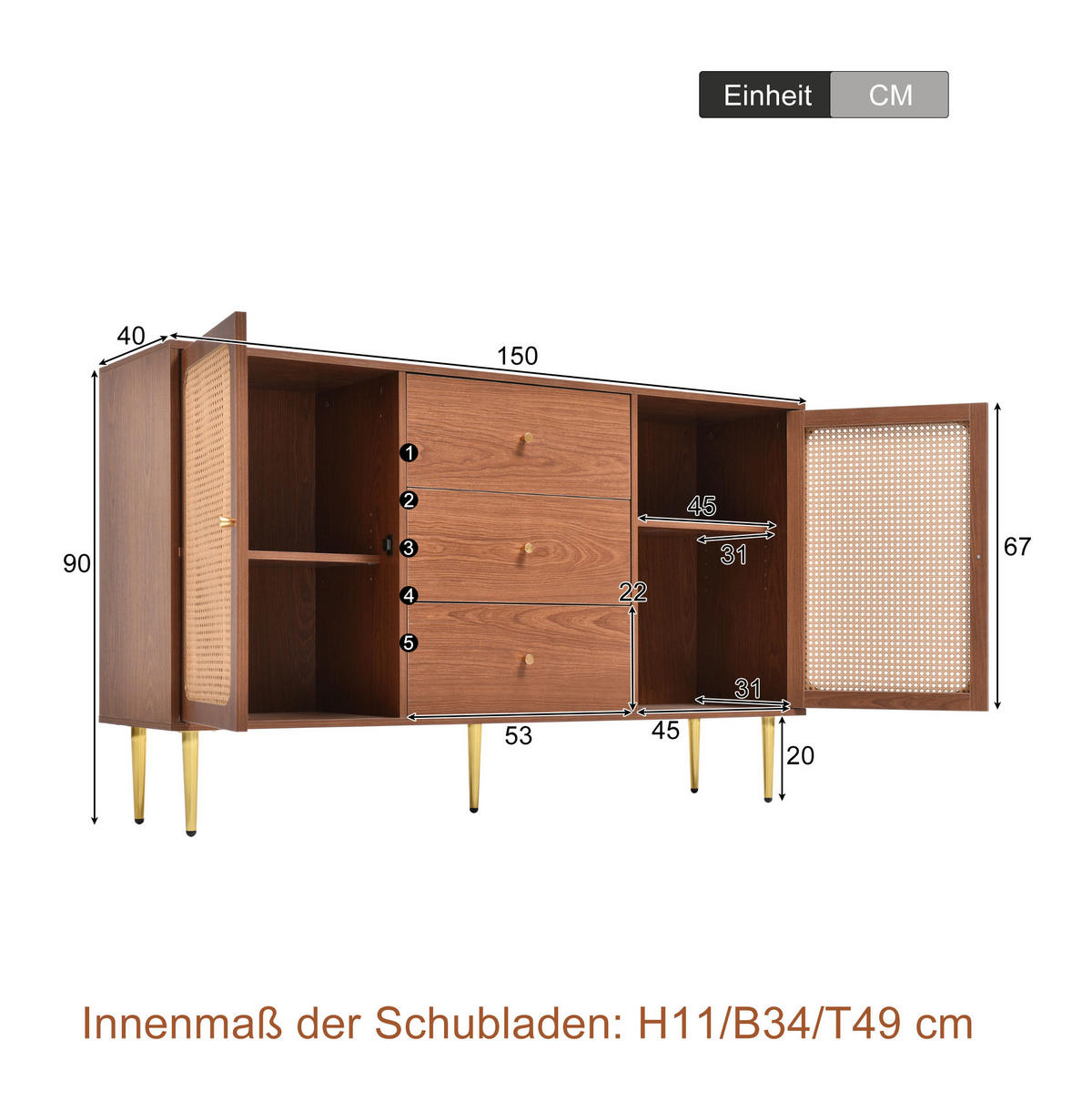 KOMODA z dreva a kovu, 150/40/90 cm, v dekore orecha, s 2 dvierkami a 3 zásuvkami - prírodná farba, kov (150/90/40cm) - BEAOK