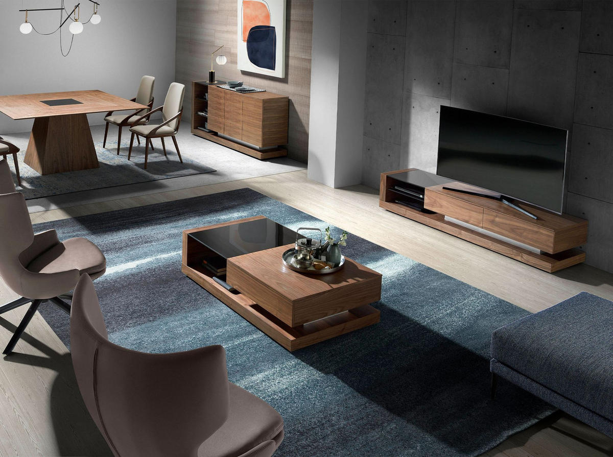 TV-ELEMENT TV-Schrank Nussbaum, polierter Stahl und schwarze Glasplatte 200/45/38 cm - Walnussfarben/Schwarz, Holz/Metall (200/38/45cm) - ANGEL CERDA