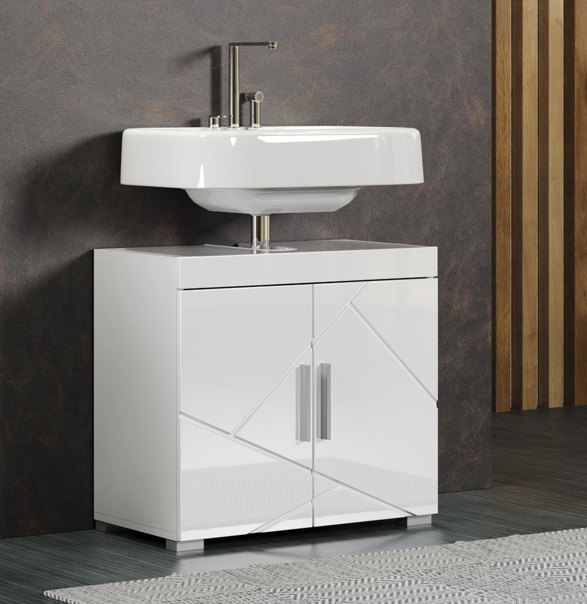 WASCHBECKENUNTERSCHRANK weiß Hochglanz 60 cm, Badschrank 2-türig - Weiß Hochglanz/Alufarben, Holzwerkstoff/Kunststoff (60/56/34cm) - Top.Furn