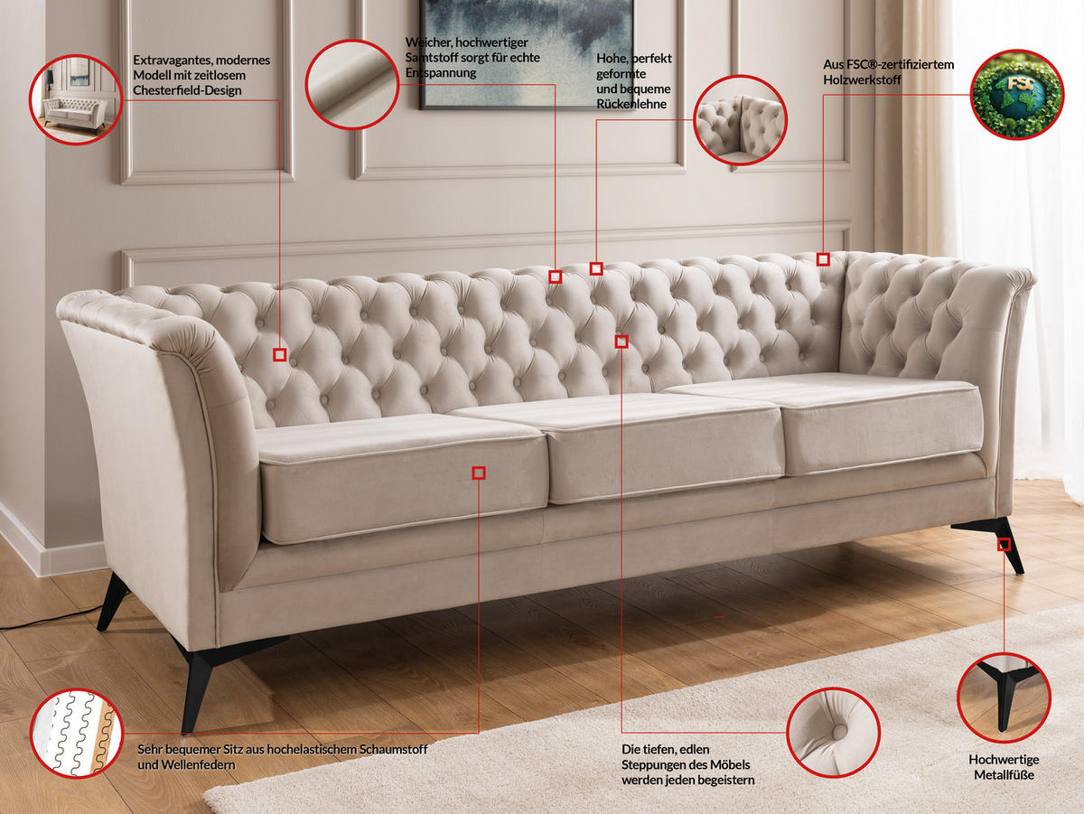 SITZGARNITUR 3+1 Chesterfield Whitby Beige Samt mit schwarzen Füßen - Beige/Schwarz, Holz/Textil (237/78/82cm) - S-Style Möbel