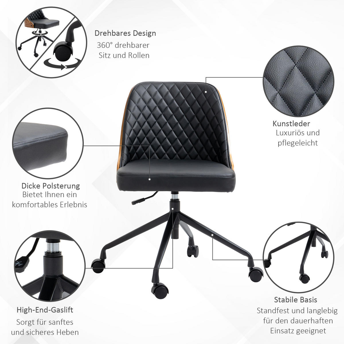 BÜROSTUHL Schreibtischstuhl Drehstuhl höhenverstellbarer ergonomisch Schwarz - Schwarz, Metall (54.5/87/48.5cm) - Vinsetto
