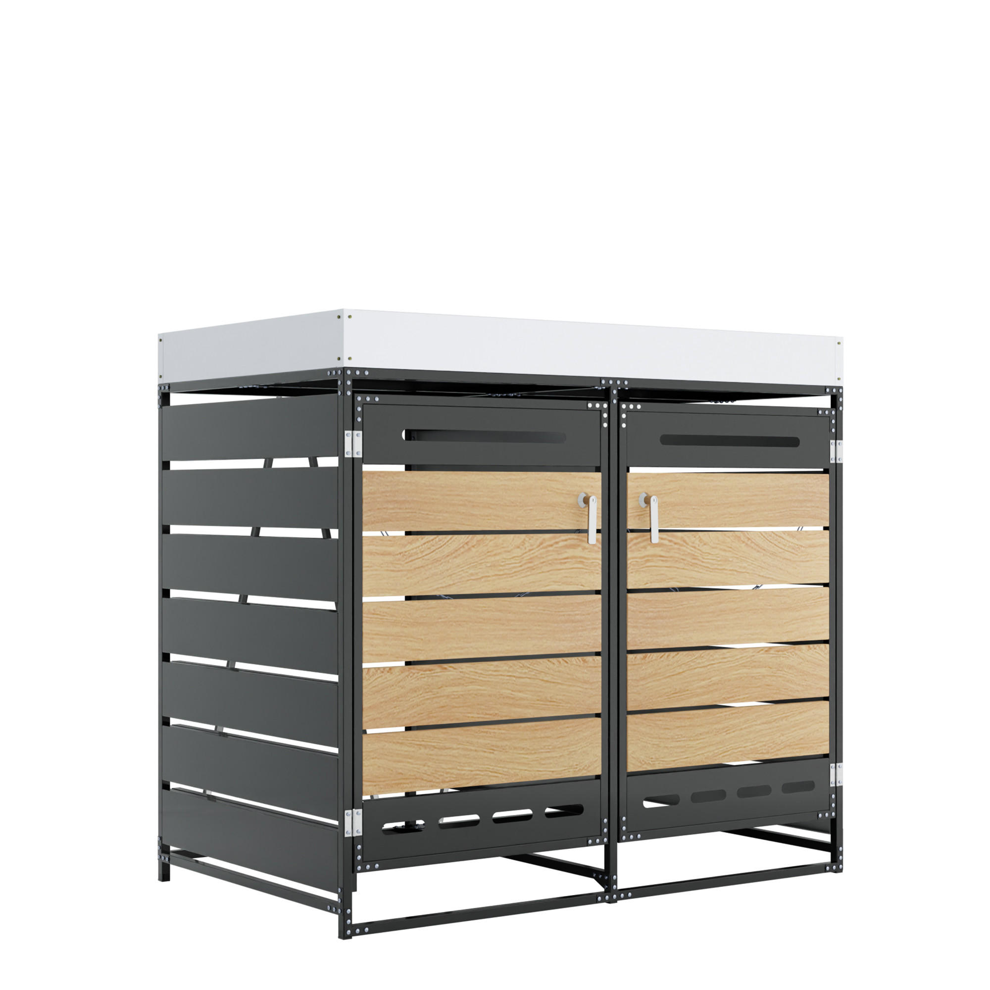 MÜLLTONNENBOX mit Pflanzkasten 2 Fächern Holzoptik Belüftung Schloss Eisen Wetterfest - Grau, Metall (131/120/79cm) - PARAFTA HOME