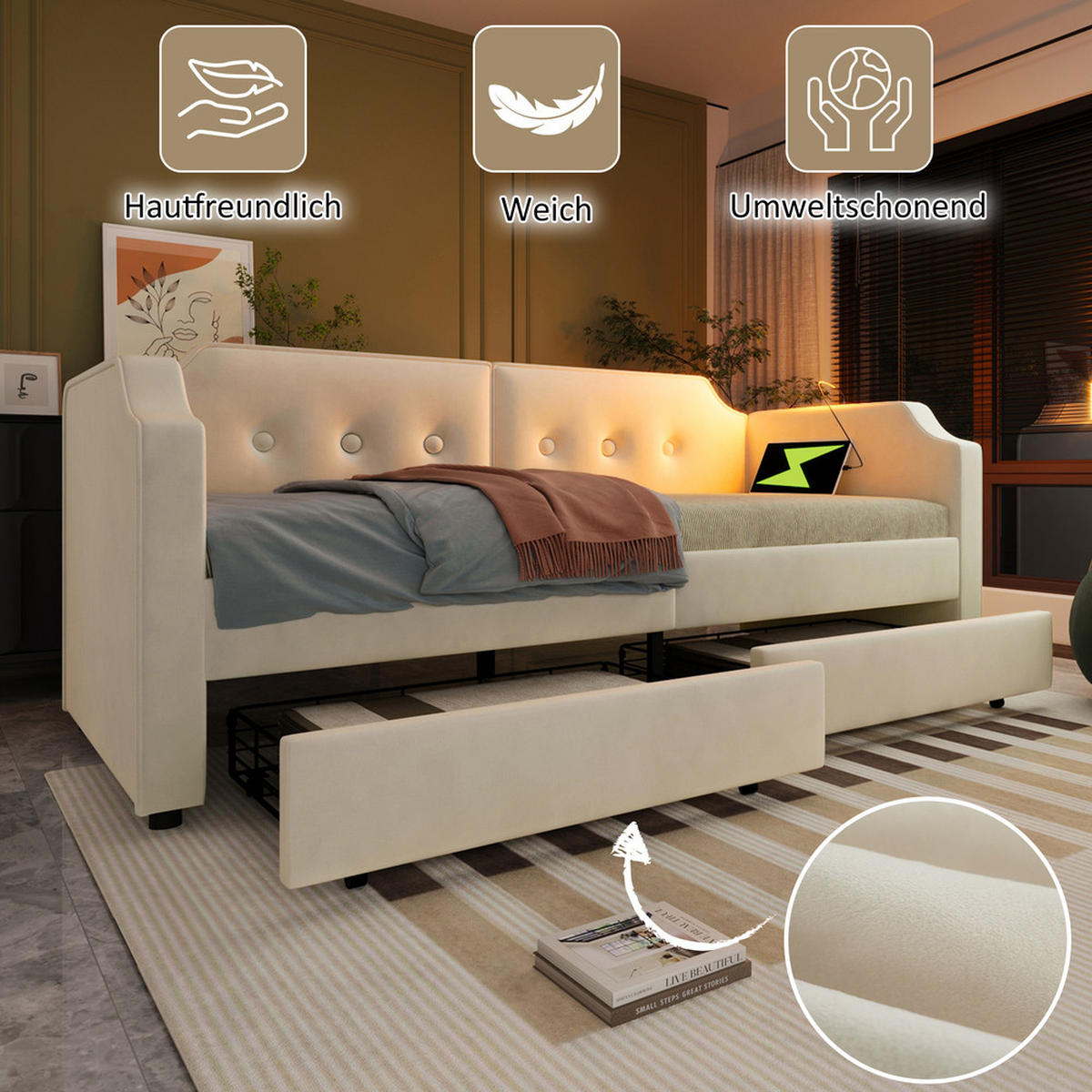 TAGESBETT 90x200cm Schlafsofa USB-C Leselicht 2 Schubladen Beige Samt - Beige, Holz (90/200cm) - FLIEKS