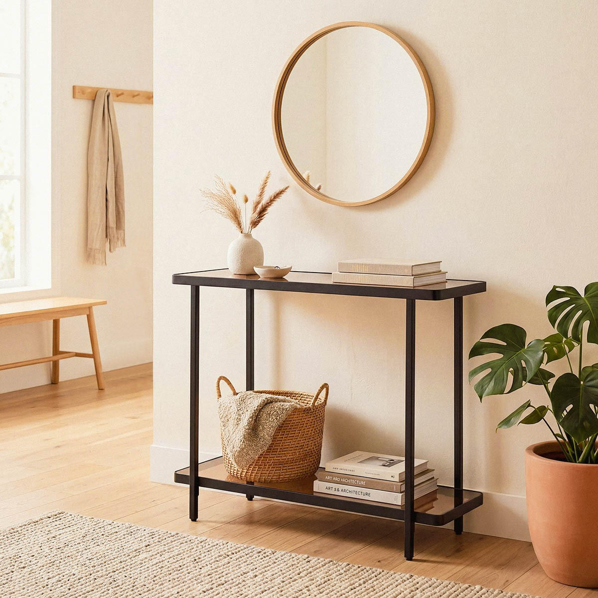 KONSOLBORD med två hyllor i rökfärgat glas, 80 cm brett - ORA - Svart, Metall (41.5/30/80cm) - Calicosy