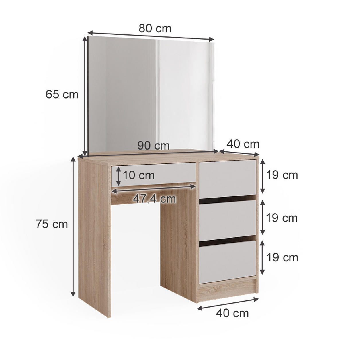 SCHMINKTISCH Sherry Sonoma 90 cm mit Spiegel - Weiß/Sonoma Eiche, Holzwerkstoff (90/75/40cm) - Vicco