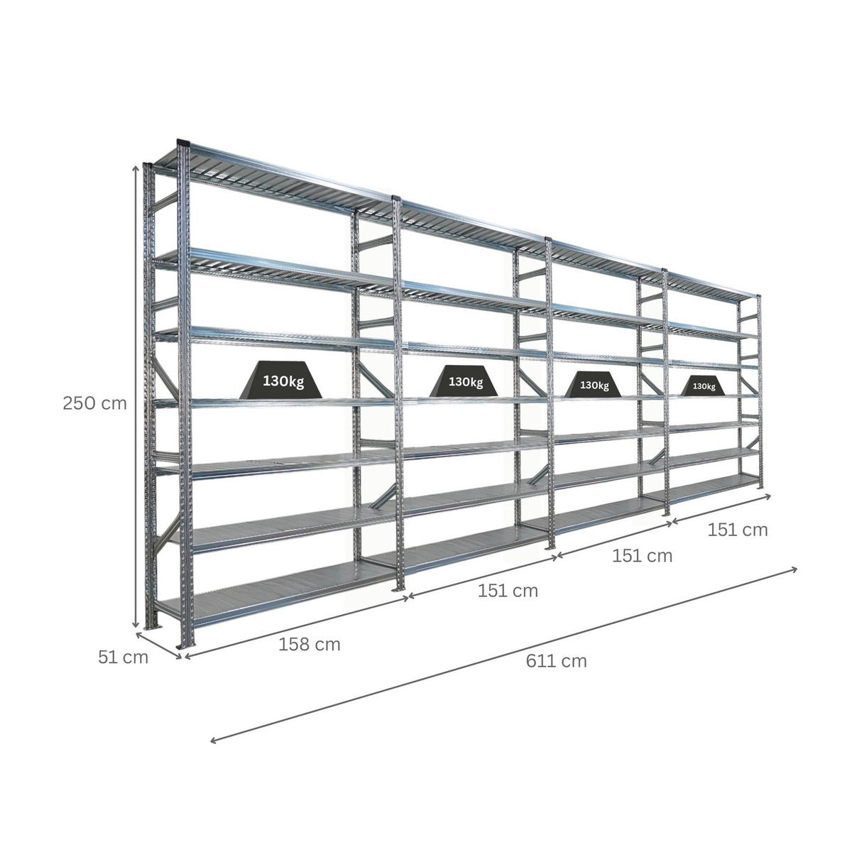 FACHBODENREGAL Proximo Stecksystem 250x600x50cm 7 Ebenen Beidseitig nutzbar Verzinkt - Silberfarben, Metall (600/250/50cm) - PROREGAL