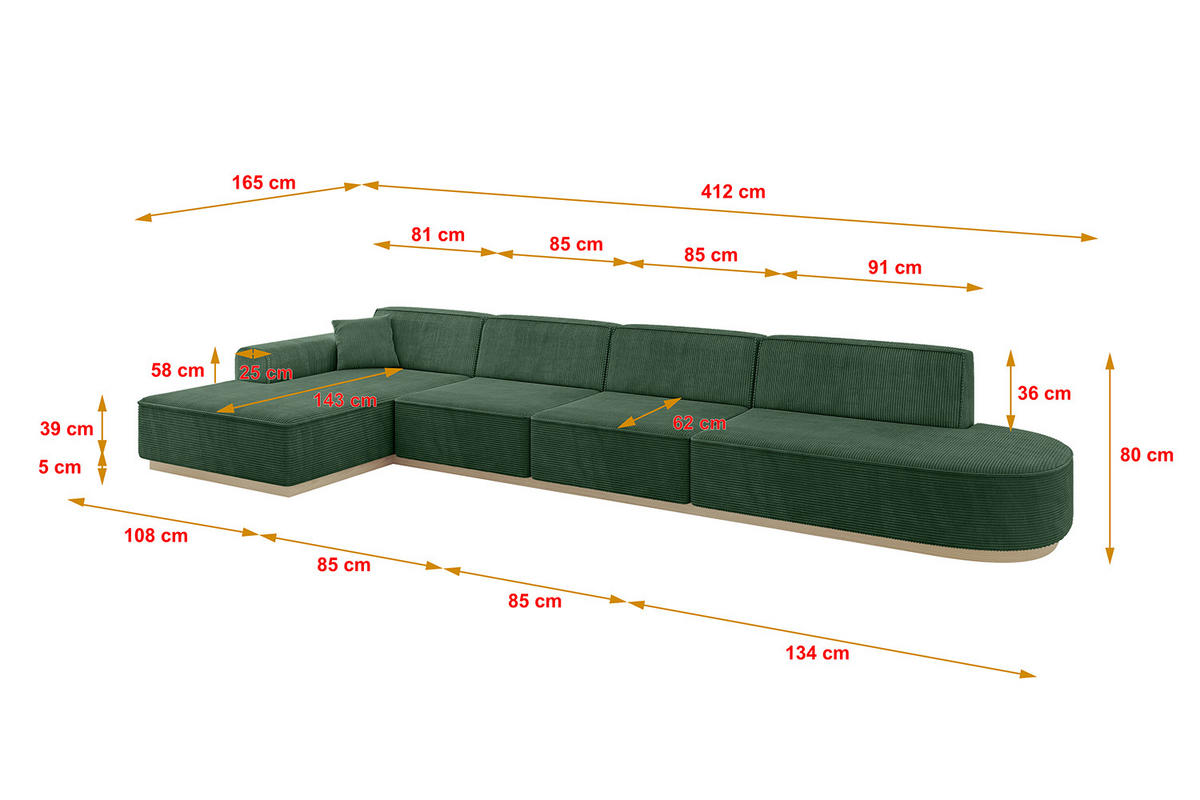 ECKSOFA Ottomane Links IREA-L3 - 412x165x80 cm Grün - Currygelb, Holzwerkstoff/Textil (412/165cm) - ALTDECOR