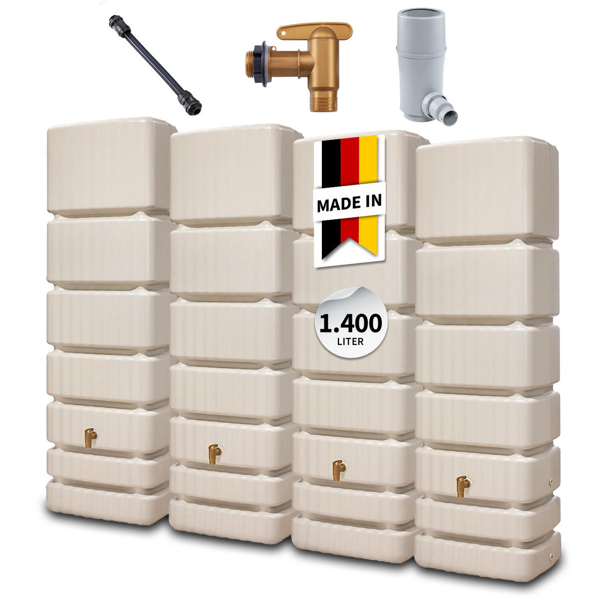 WANDTANK Komplett-Set 1400 L sandbeige 4 x 350 L inkl. Verbindungsset, Kunststoff-Auslaufhahn und Fallrohranschluss - Sandfarben, Kunststoff (270/184/39cm) - 4rain