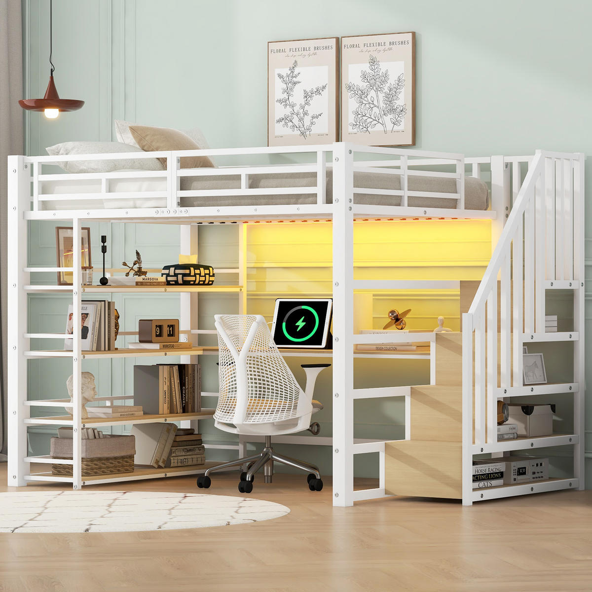 HOCHBETT 140/200 cm in Weiß mit Treppe, Schreibtisch, Regal, LED und USB - Weiß, Holzwerkstoff/Metall (140/200cm) - STILVORA