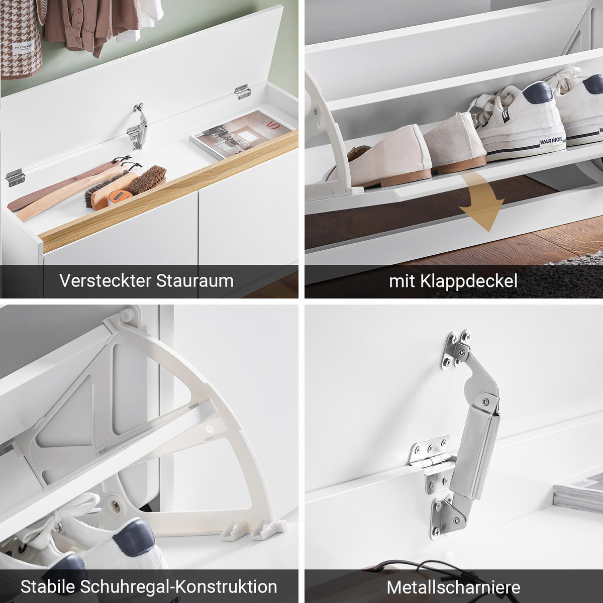 SCHUHBANK mit 2 Klappen, 104x47x30 cm, Weiß mit Holz-Sitzfläche, 8 Paar Schuhe, für Flur, Diele & Schlafzimmer - Weiß, Holzwerkstoff (104/47/30cm) - SoBuy