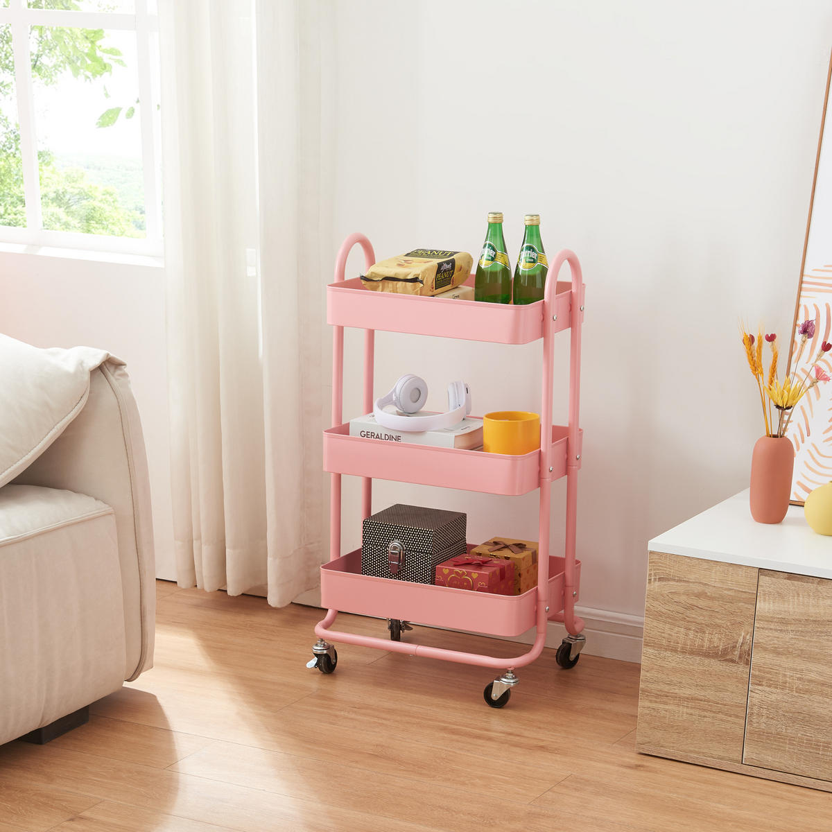 SERVÍROVACÍ VOZÍK Pyhäntä - růžová, kov (46/78.5/35cm) - [en.casa]