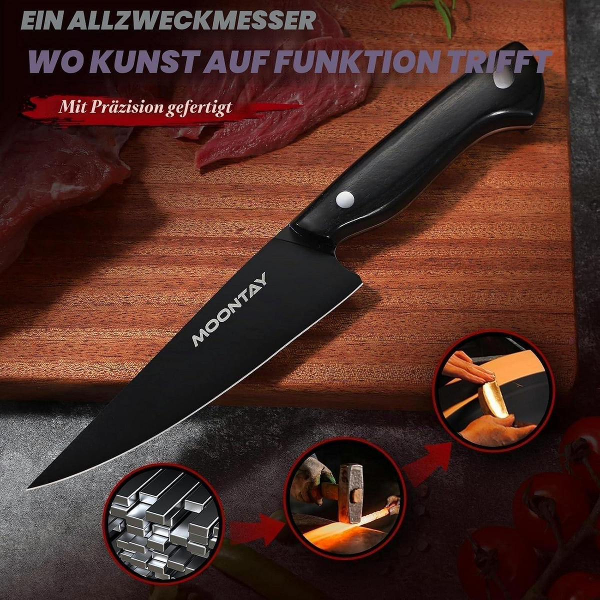 KÜCHENMESSER Allzweckmesser Schwarz Holzgriff Edelstahl - Schwarz, Metall (26cm)