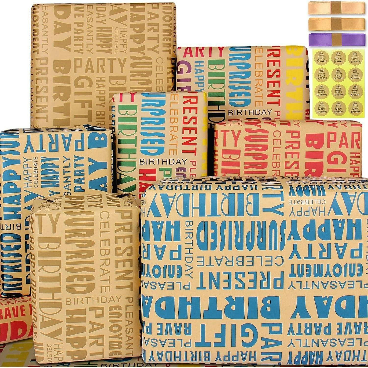 GESCHENKPAPIER Set Geburtstag 5 Blatt mit Band und Aufklebern - Multicolor, Papier (22/1/33cm)