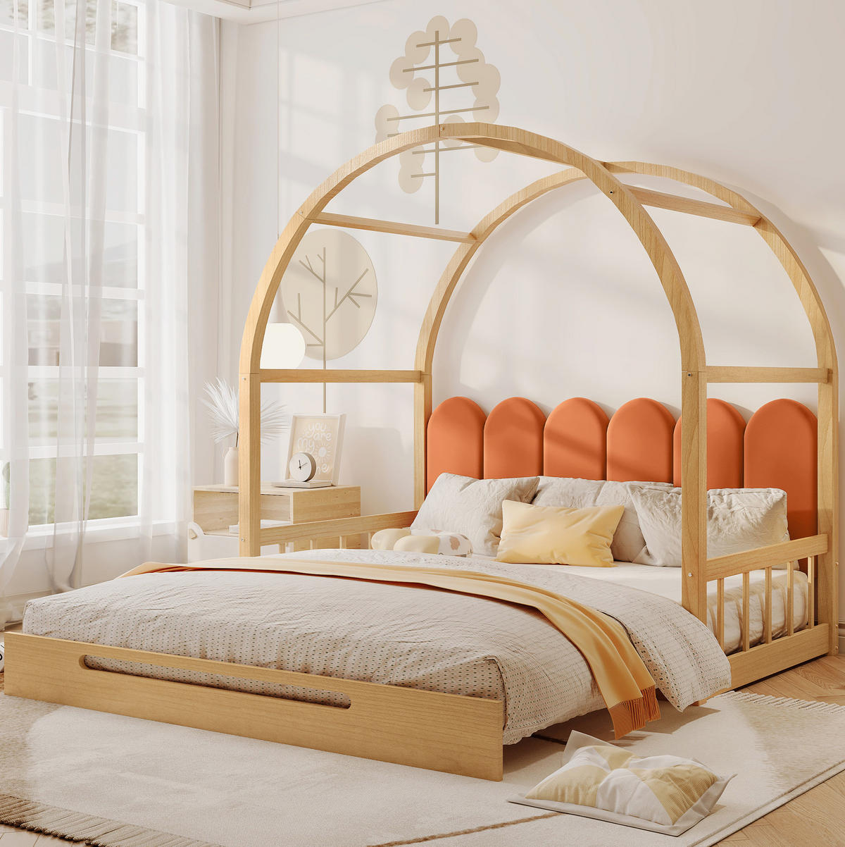 KINDERBETT 140/200 cm ausziehbar mit gewölbtem Dach, Kiefer/MDF, 3-seitigem Schutz und Kissen, Natur/Orange - Naturfarben, Holzwerkstoff (140/200cm) - Redom