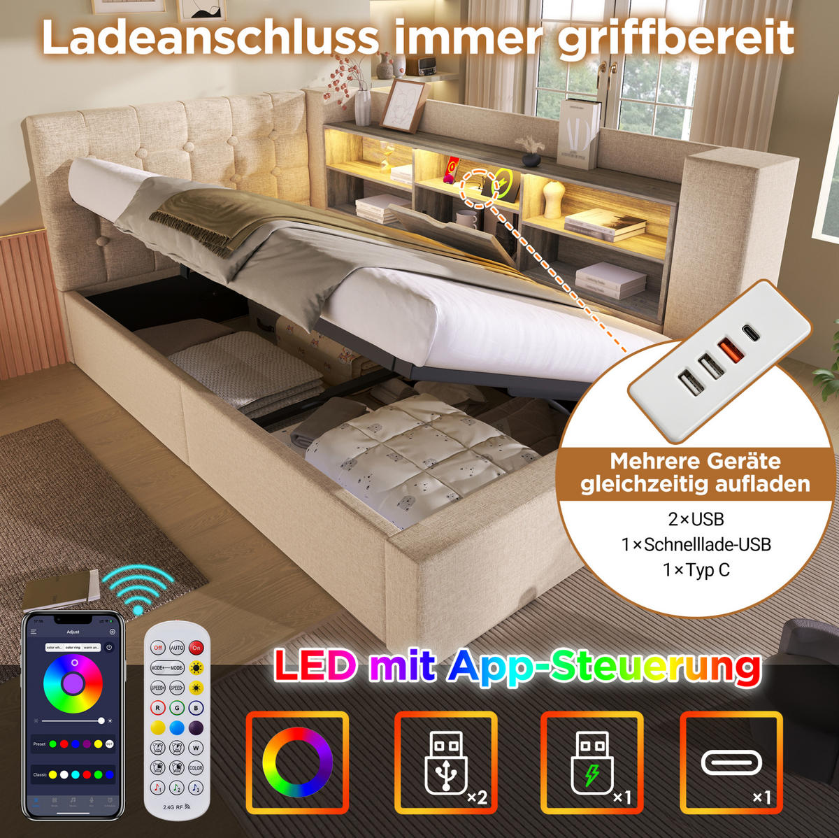 POLSTERBETT 140/190 cm mit LED-Beleuchtung, Bettkasten und gepolstertem Kopfteil - Beige, Textil (140/190cm) - BEAOK