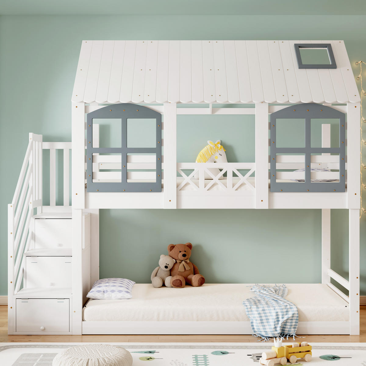 ETAGENBETT Kinder 90x200 Weiß+Grau mit Dach, Fenster und Stauraumtreppe - Weiß, Holz (90/200cm) - ComfortXL