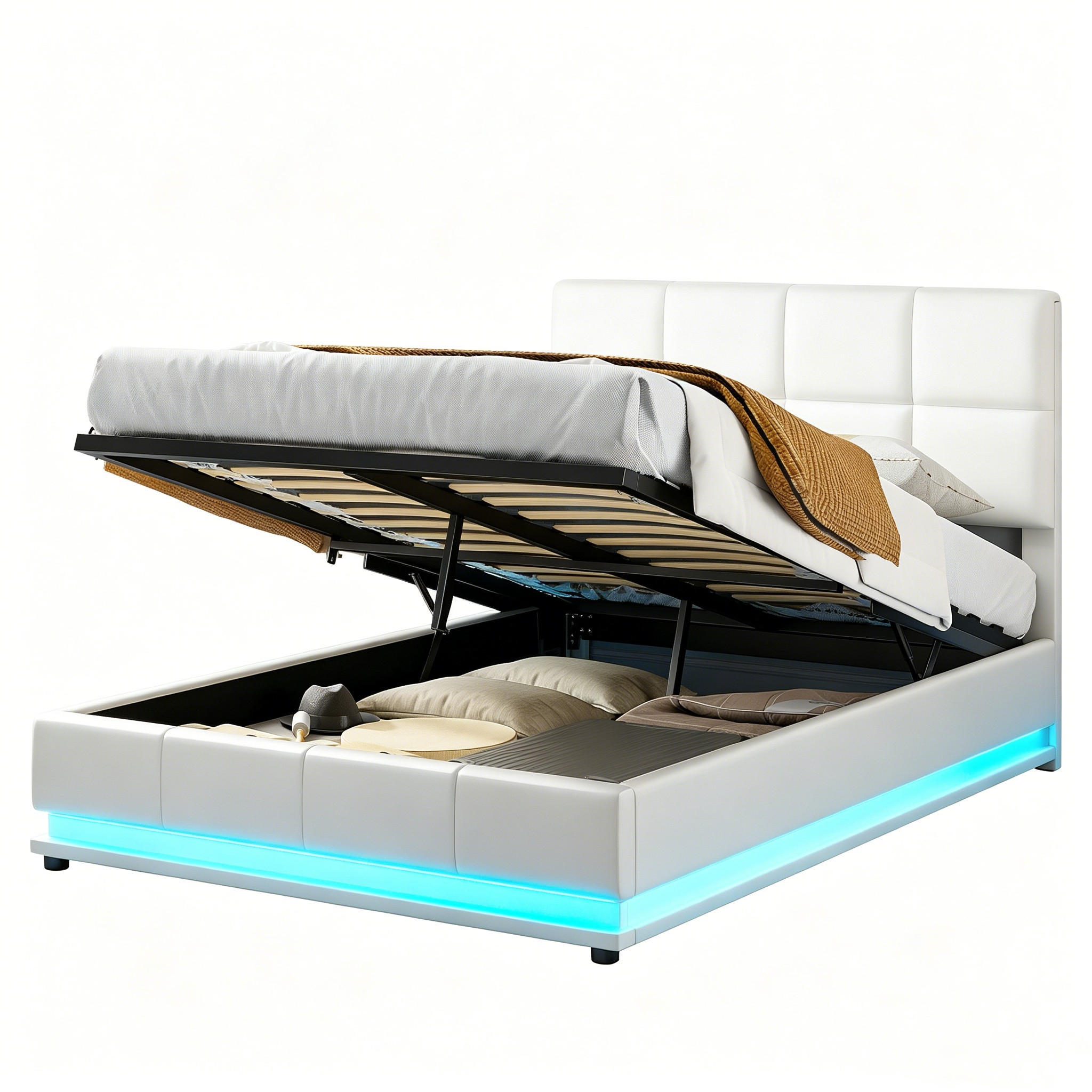 POLSTERBETT Weiß mit LED，Doppelbett mit Bettkasten Kunstleder - Weiß, Holz/Textil (140/200cm) - PARAFTA HOME