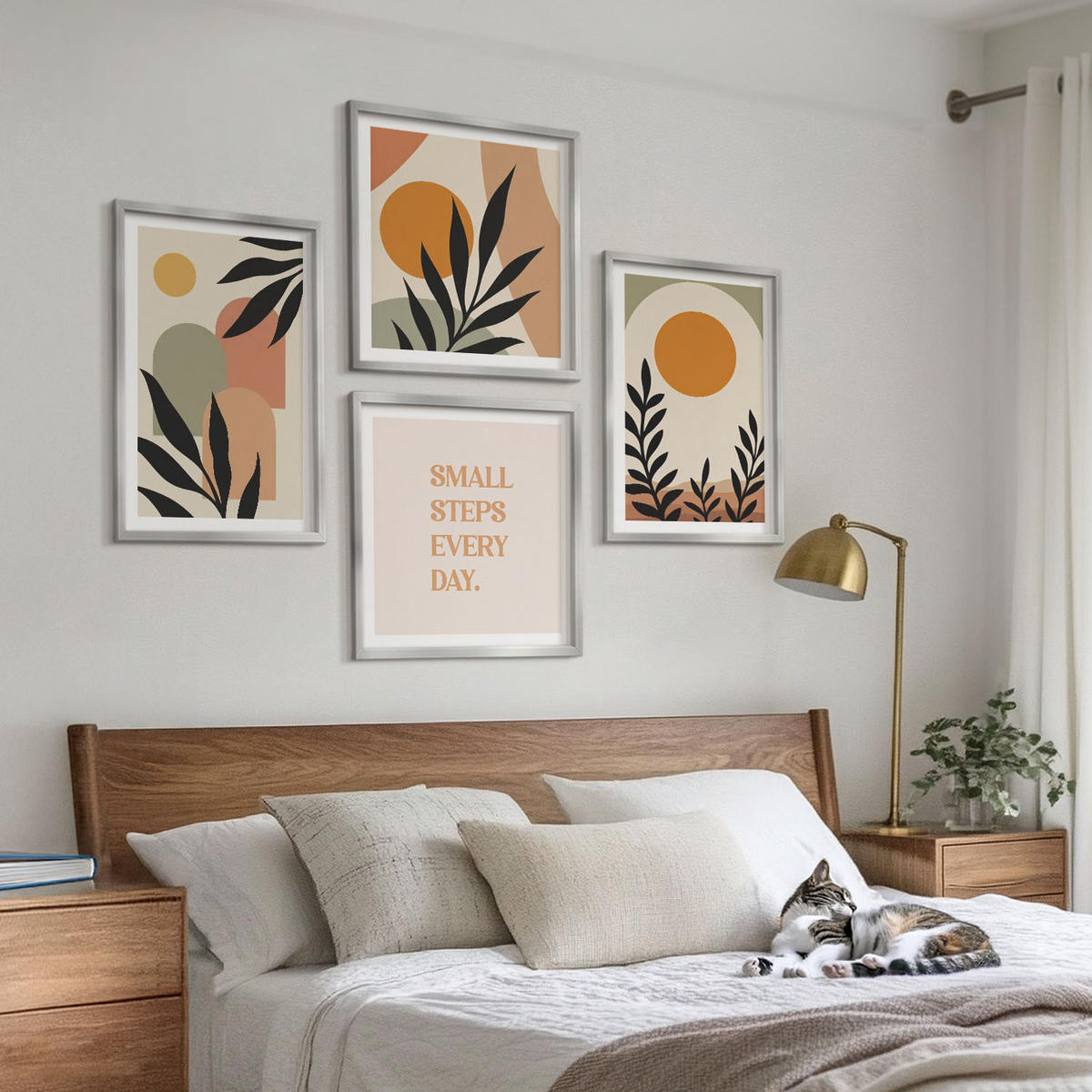 WANDBILDER 4er Set - 50x50 cm & 40x60 cm Silberner Rahmen - Abstrakte Pflanzenmotive - Silberfarben, Kunststoff (50/50cm) - ArtPrintCave