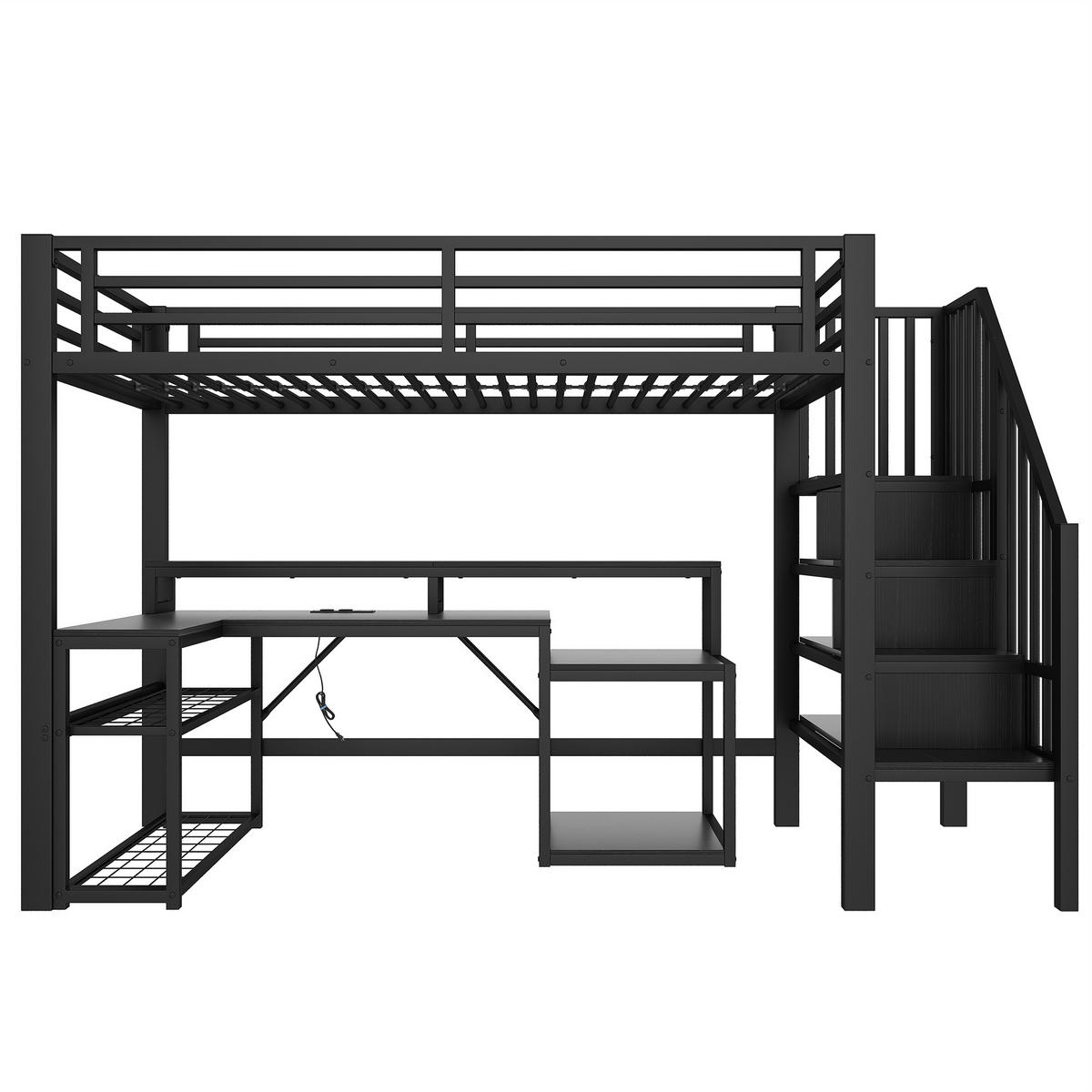 HOCHBETT 90/200 cm in Schwarz mit Schreibtisch, Regal, Treppe mit Stauraum, LED und USB - Schwarz, Holzwerkstoff/Metall (90/200cm) - STILVORA