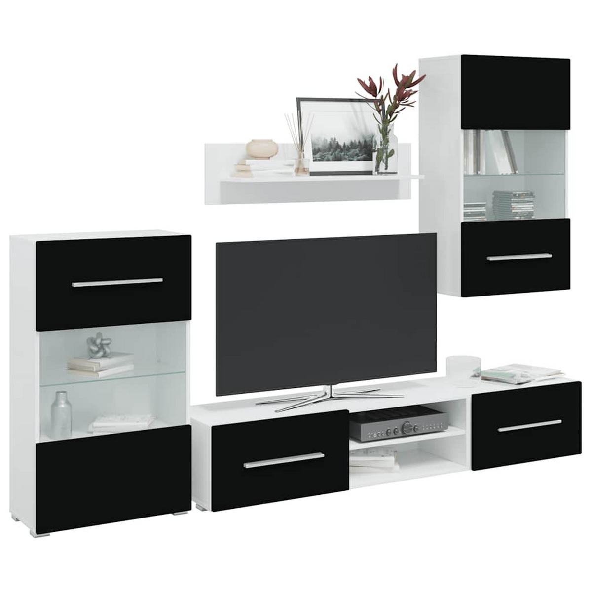 WOHNWAND 5-teilig mit Led-Beleuchtung 240 cm aus Holzwerkstoff in Schwarz, Weiß - Schwarz, Holz (240/195/40cm) - vidaXL