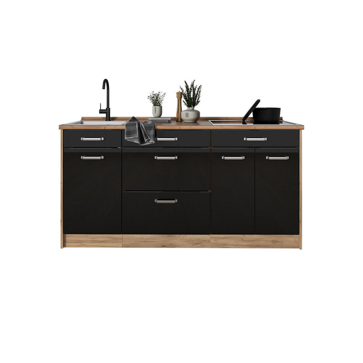 KUCHYNSKÝ BLOK R-Line, Čierny vysoký lesk/Dub Goldkraft, 160 cm Goldkraft tammi työtaso - farba duba/čierna s vysokým leskom, kompozitné drevo (160/81.6/60cm) - Vicco