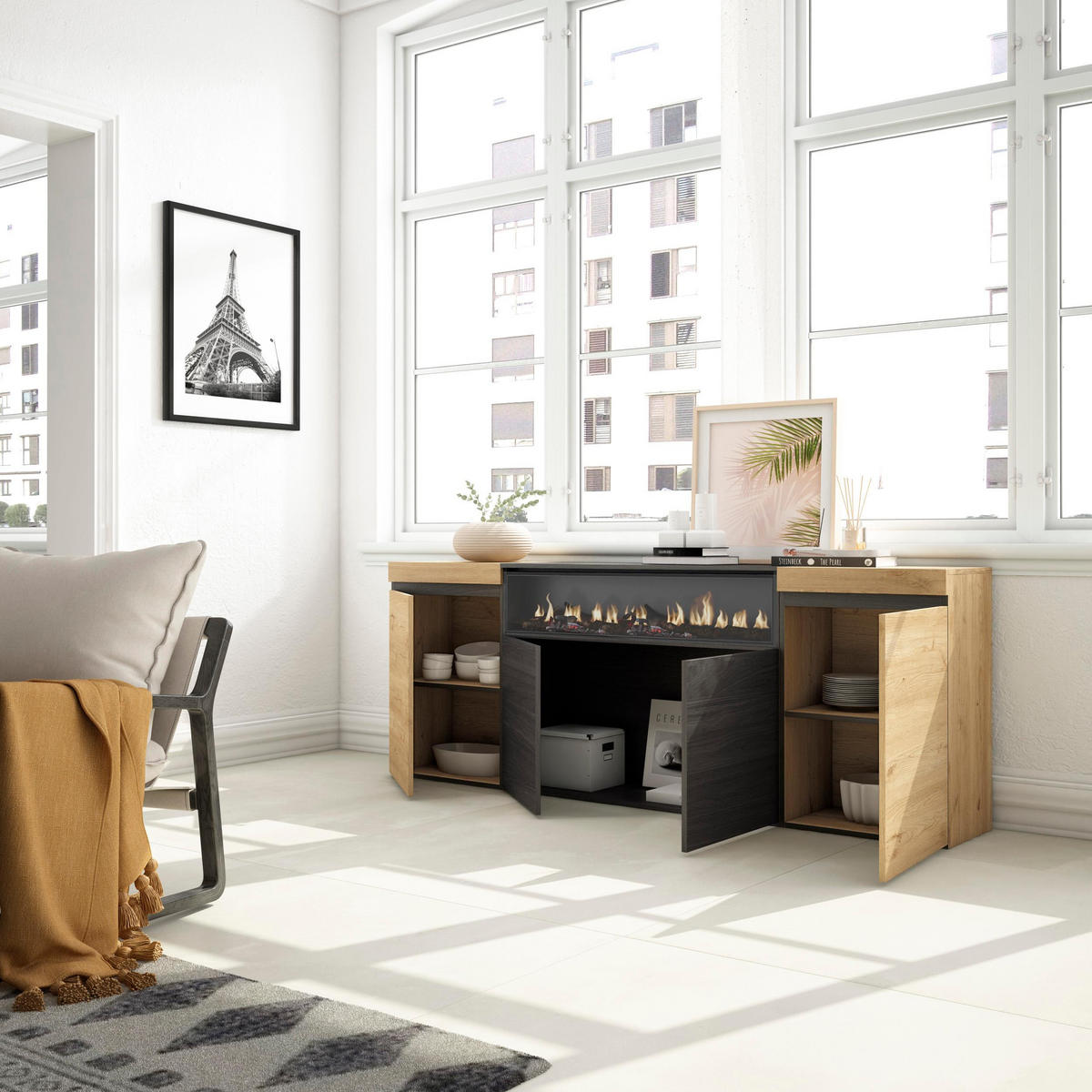 SIDEBOARD Elektrokamin, eiche, schwarz, 200/35/75cm - Multicolor, Holzwerkstoff (200/75/35cm) - Skraut Home